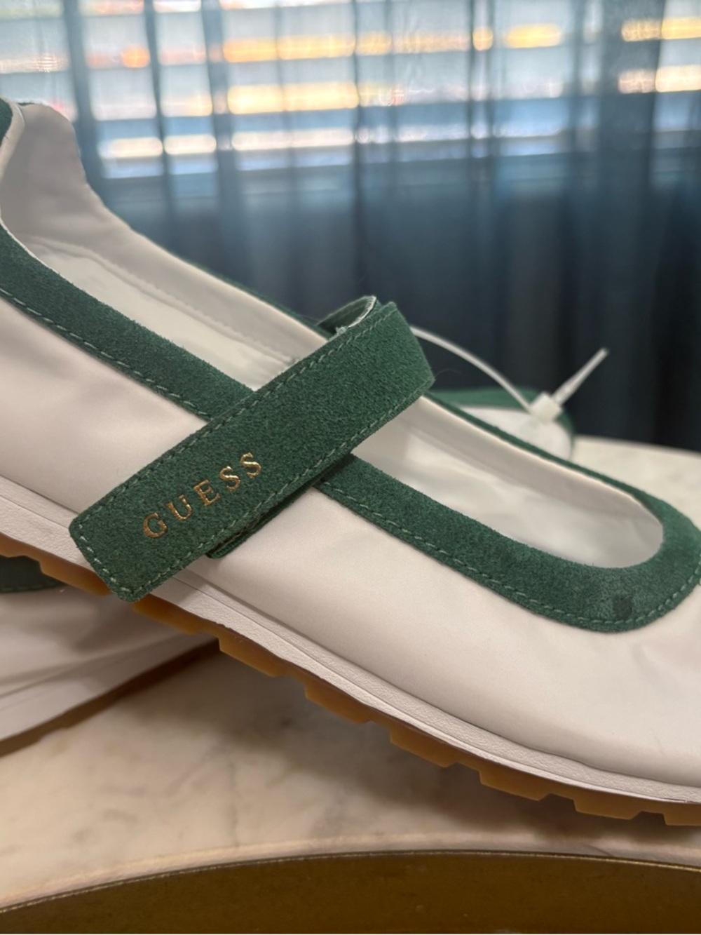 GUESS Treece Suede Sporty Mary Jane Sneakers in white and green.